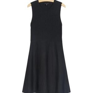 Eileen Fisher A-Line Wool Midi Dress Womens XS Black Textured Bodice Lightweight